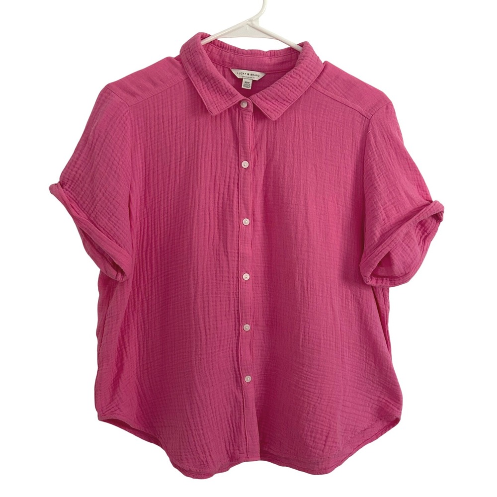 Lucky Brand Womens Pink Gauze Button Front Cuffed Short Sleeve Shirt Medium